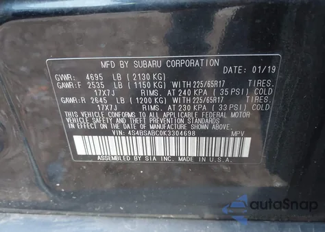 2019 Subaru Outback 2.5I из США, поврежденный, VIN 4S4BSABC0K3304698